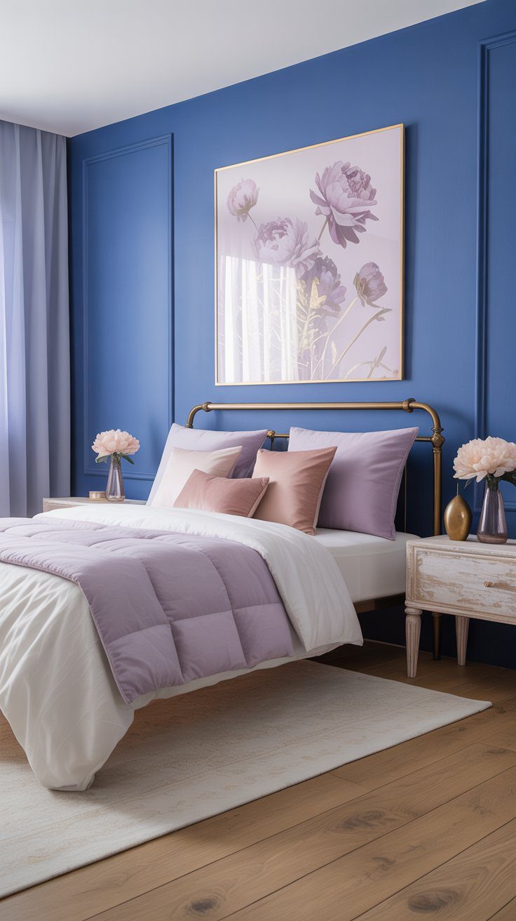 Discover dreamy blue bedroom inspiration: royal romance lavender bedding, mauve pillows, floral accents, and pink blooms.