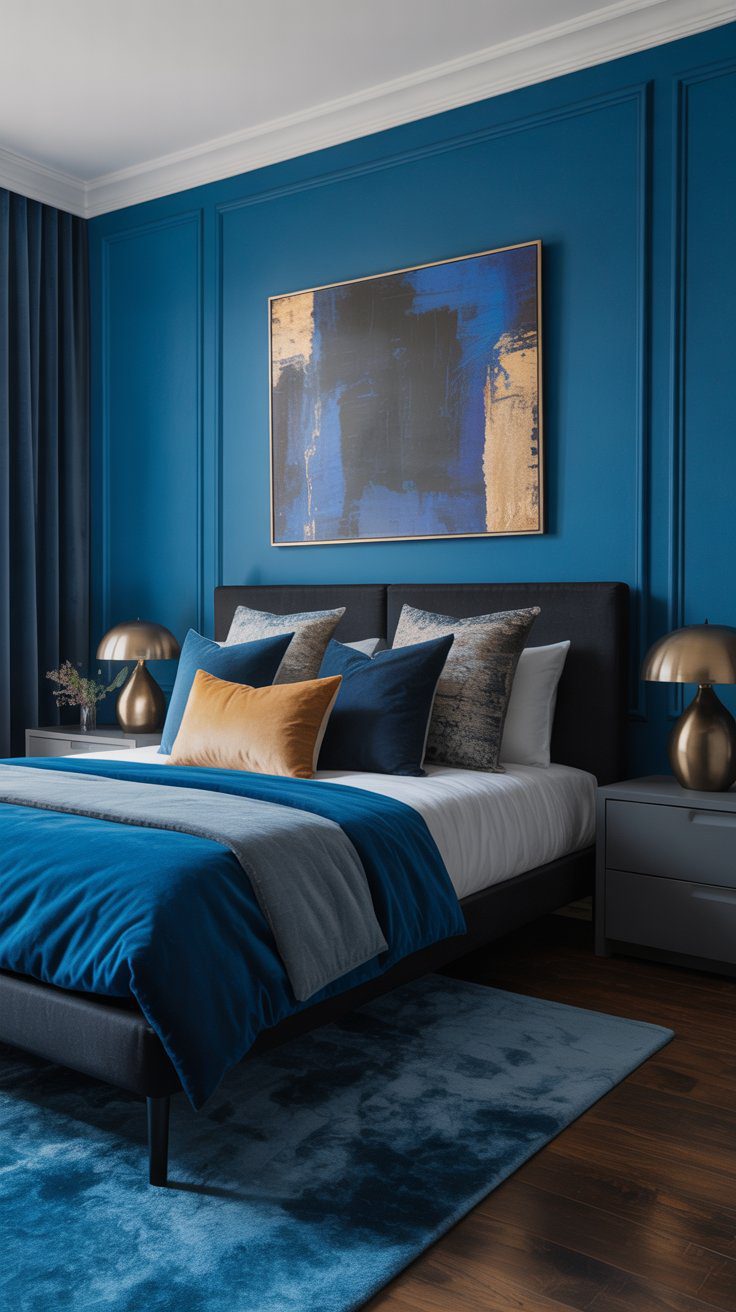 Sapphire blue walls and bedding set the tone in this modern bedroom, accented by gold lamps and an abstract painting above the bed.