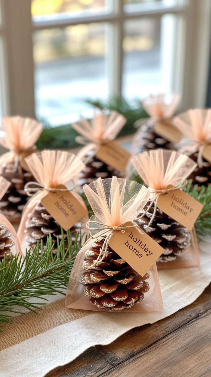 DIY Glitter Pine Cone Holiday Decor: Festive Table Centerpiece with Rustic Twine & Peach Fabric for Christmas Home Styling.