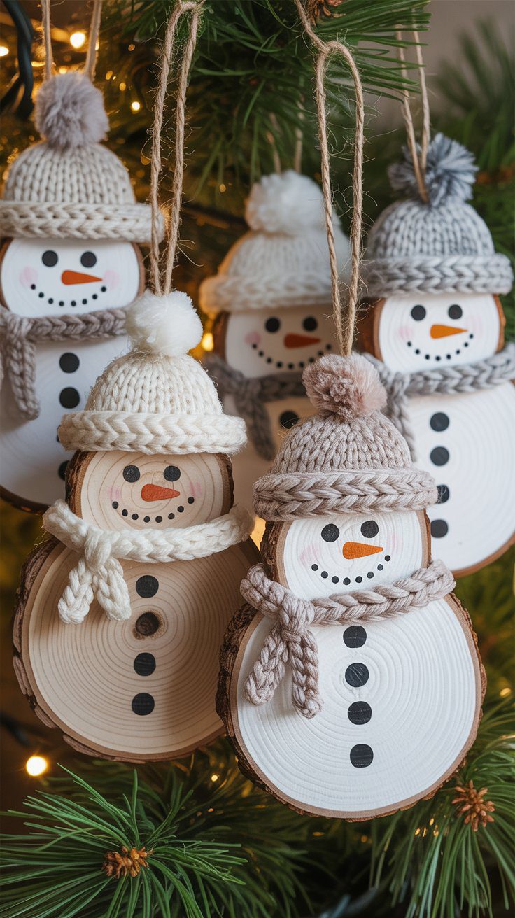 Festive snowmen ornaments with painted faces and cozy hats dangle from a tree, bringing homemade charm to your holiday décor.