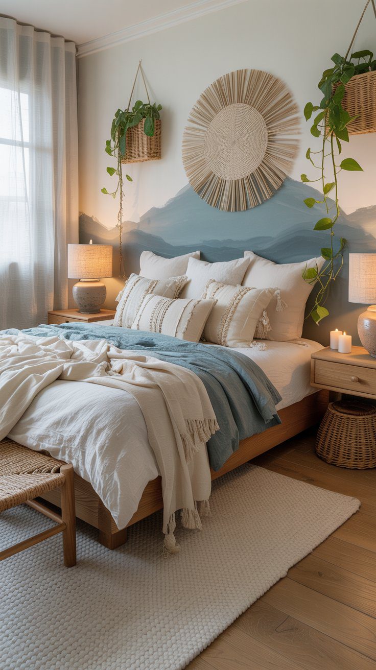 Transform your space into a calming oasis with a boho blue bedroom set, wooden bed, cozy textiles, plants, and warm lighting.