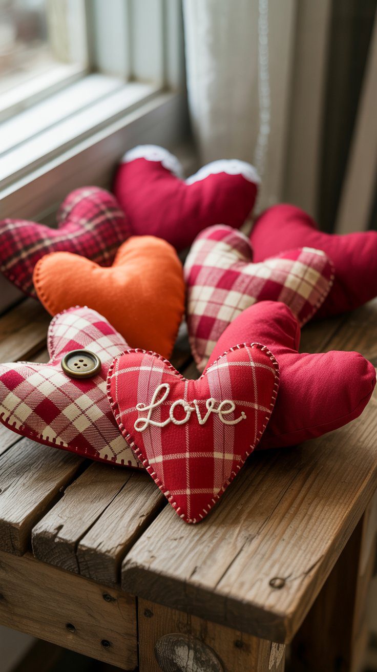 Valentine’s DIY Heart Pillows: Rustic Table Decor in Red, Orange & Plaid with “Love” Embroidery—Cozy Handmade Gift Ideas.