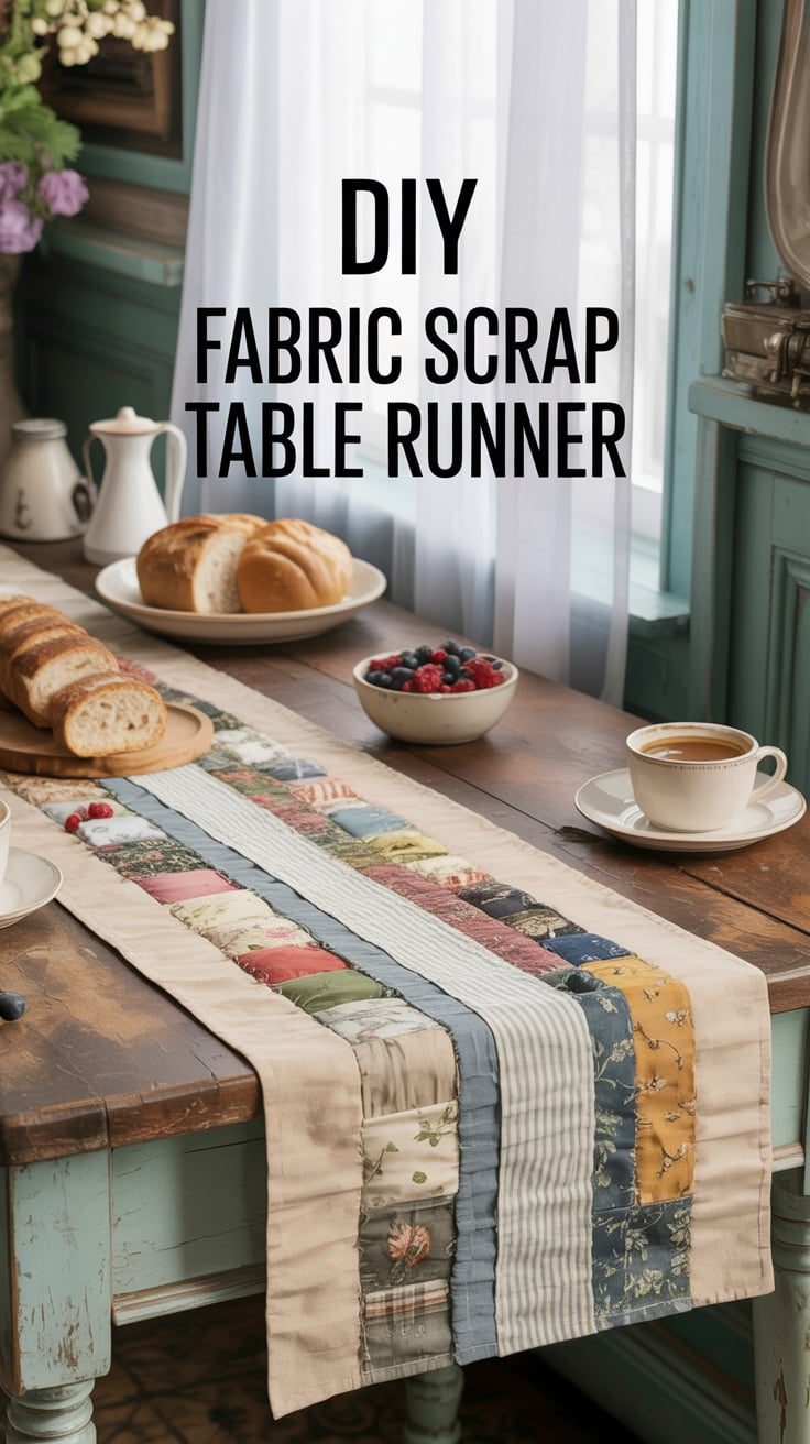 Pinterest made me think I needed a table runner for every season — so I made one that works year-round. It’s pieced together from leftover fabric napkins, a shirt hem, and even part of an old curtain. It’s perfectly imperfect and absolutely charming.