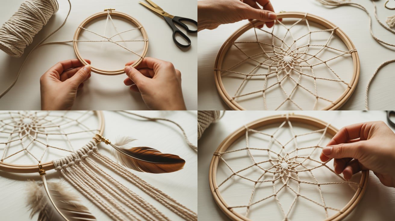 Hands demonstrate making the 1nxabXK4SLmAIIASCC9maQ dream catcher with knots, weaving, feathers, and supplies in four panels.