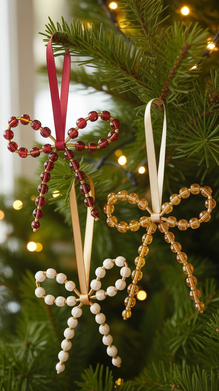 These beaded bows will shimmer on your tree, catching the light with every turn. The textured, sparkling design will complement both traditional and modern holiday themes, adding a subtle elegance to your festive décor. Hang them in clusters or as solo ornaments for a sophisticated touch.