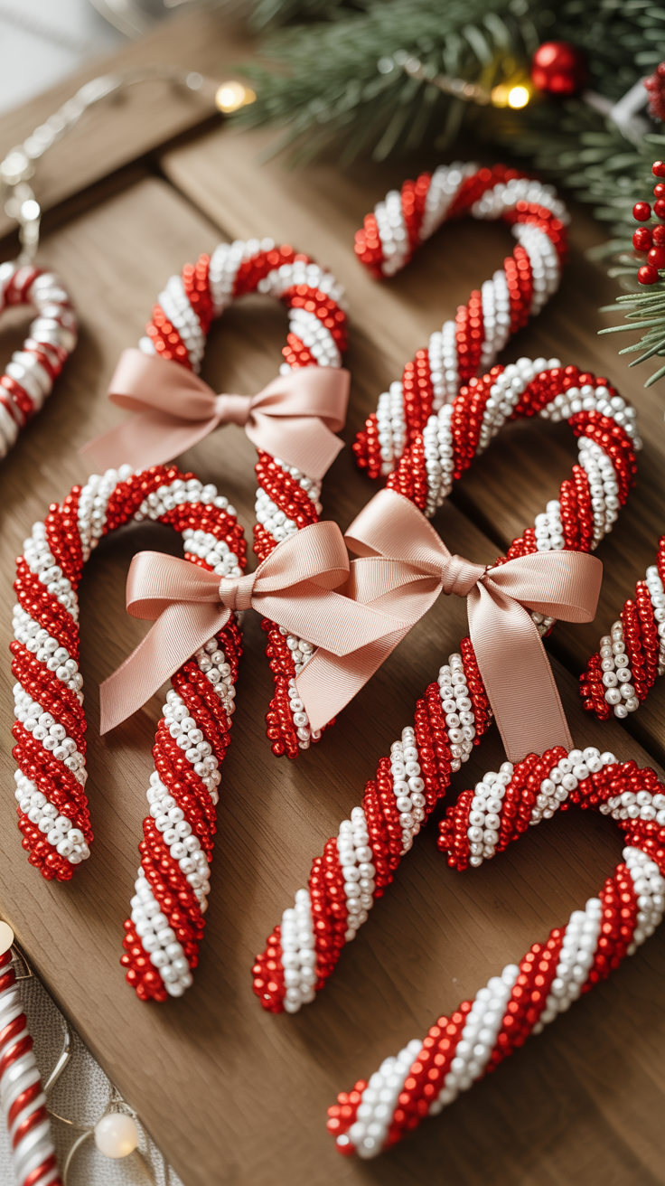 These beaded candy canes will add a vibrant pop of color to your tree. Their shiny, textured design makes them perfect for hanging individually or in groups, and they make a charming addition to wreaths, garlands, or as gift embellishments.