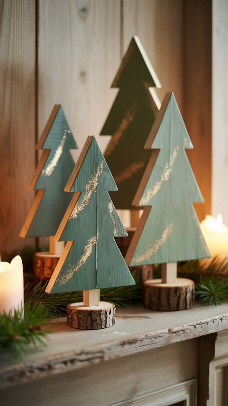 Once complete, your cardboard Christmas trees will have a modern farmhouse feel — matte greens, touches of gold, and organic edges. They look beautiful clustered together on a mantel, used as a table centerpiece, or mixed into a shelf vignette with candles and pine garland.