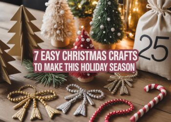 A holiday table displays beaded ornaments, a red pom-pom tree, paper trees, pine sprigs, a candy cane, and a burlap bag labeled 25.