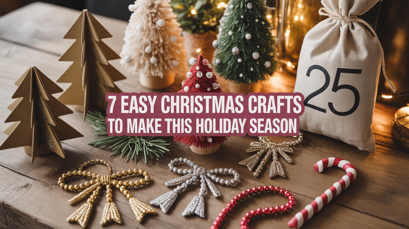 A holiday table displays beaded ornaments, a red pom-pom tree, paper trees, pine sprigs, a candy cane, and a burlap bag labeled 25.