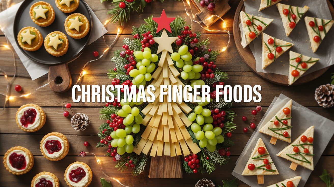 Christmas Finger Foods displayed on a wooden table—cheese and grape trees, tartlets, and festive cracker stacks with cheese and tomato.
