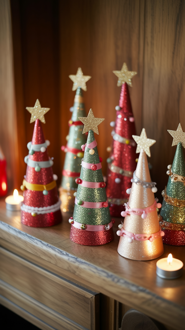 These mini Christmas trees will have a festive, handmade feel with glittering ornaments and a variety of colors. Display them on a shelf, table, or mantel to bring cozy charm to your home this holiday season.