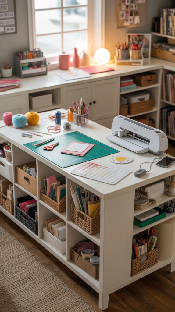 A sunlit craft room features a large white desk with creative tools and baskets below, offering a tidy and inviting workspace.