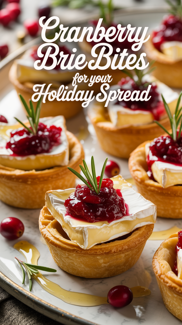  These Cranberry Brie Bites are the perfect holiday appetizer—elegant, bite-sized, and packed with flavor. A golden, flaky phyllo cup filled with creamy brie cheese and topped with homemade cranberry sauce creates a beautiful balance of savory, sweet, and tart. Whether you're hosting a party or looking for a festive treat to share, these little bites are guaranteed to wow your guests. Easy to make and full of holiday charm, they’re a must-have for your next celebration!