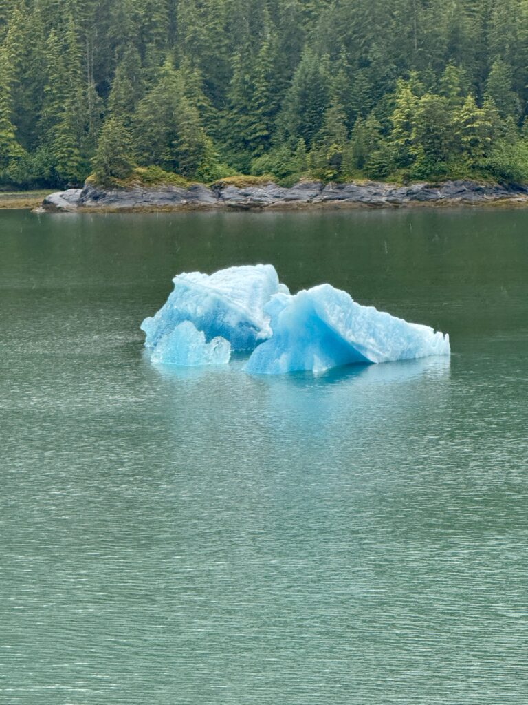 A vivid blue iceberg floats on serene green waters near a dense evergreen shore—a dazzling view before your Alaska cruise begins.