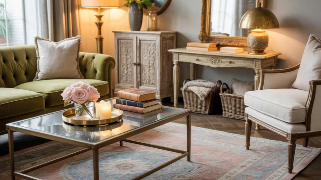 Step into a classic living room with a green tufted sofa, white armchair, and elegant touches on a patterned rug for timeless charm.