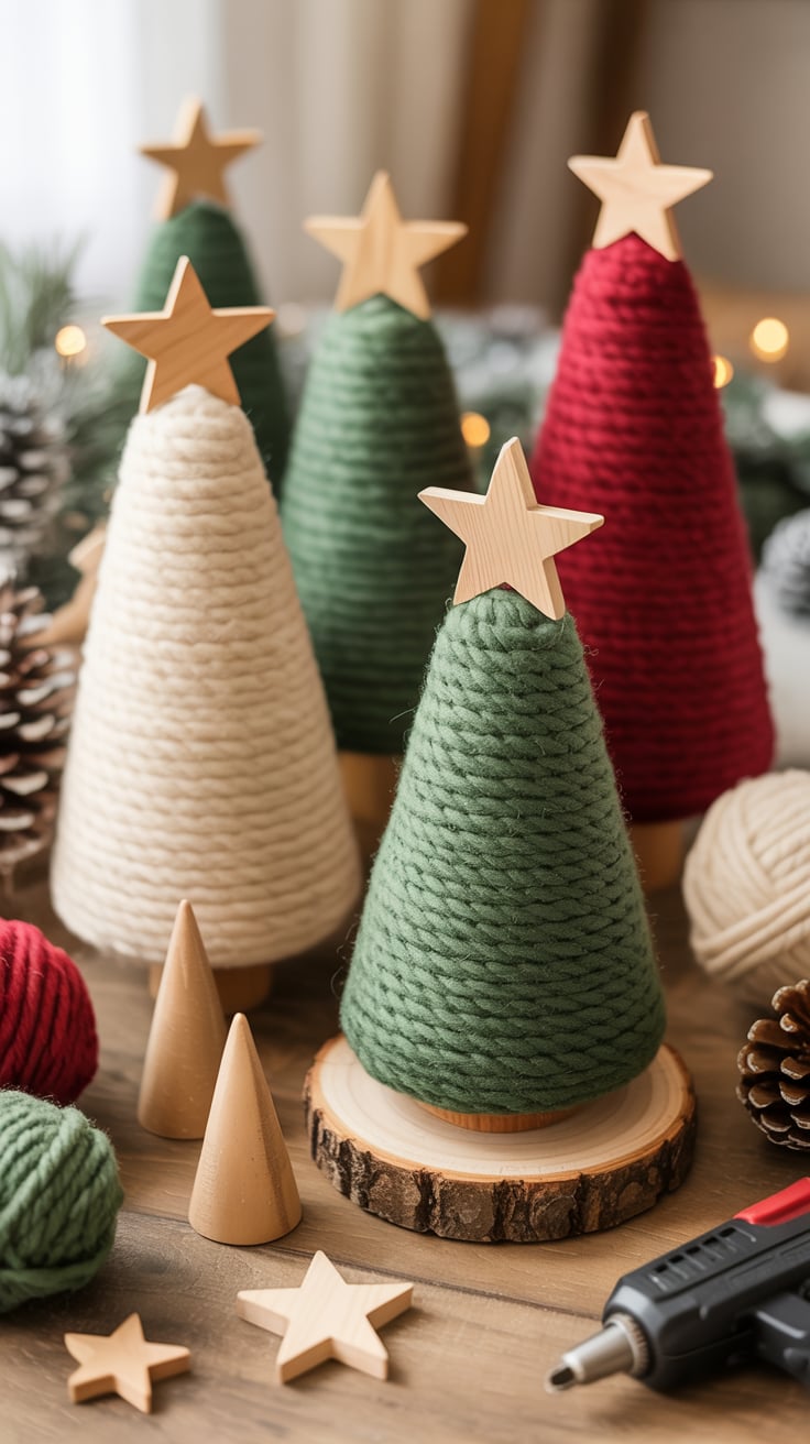 Your yarn trees will have a soft, Scandinavian-inspired look — cozy textures, natural tones, and subtle shimmer. Cluster them in groups of three on a wood tray with faux snow, or pair them with candles and pinecones for a neutral yet festive display.