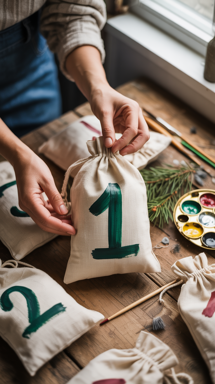 This DIY Advent Calendar has a Scandinavian farmhouse vibe — linen texture, wood accents, and natural greenery. When hung, it feels cozy and intentional, like something from a boutique holiday market. Display it over the fireplace, along a hallway wall, or even down a staircase banister for a warm, festive countdown that fits seamlessly into rustic décor.