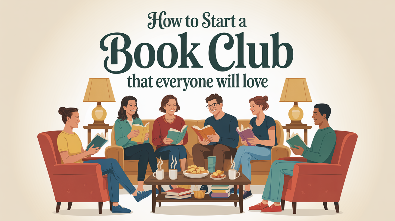 Five friends enjoying books together in a warm living room. Banner text: “How to Start a Book Club Everyone Will Love.”.