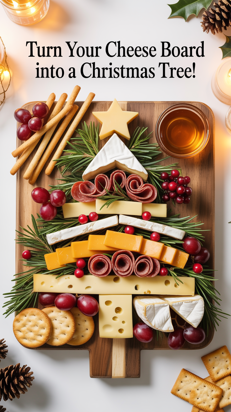 A festive tree-shaped cheese board with cheeses, meats, crackers, grapes, rosemary, candles, breadsticks and a cheese star topper.