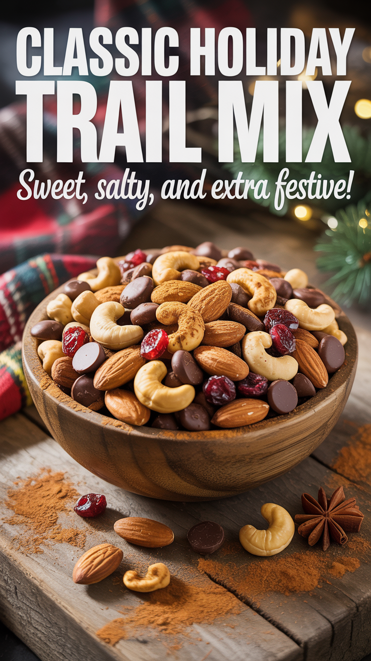 The classic trail mix never goes out of style, especially during the holidays. Combine roasted almonds, salted cashews, dark chocolate chips, and dried cranberries for a sweet-and-salty balance that everyone loves. Add a sprinkle of cinnamon for that extra holiday touch!How to Make It