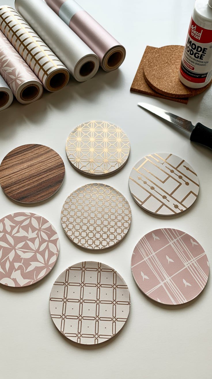 Create your own set of stylish coasters with peel-and-stick wallpaper! These are great for adding a custom touch to your coffee table, and they’ll protect your furniture in a chic way. You can use any style of wallpaper to match your décor, whether it’s wood grain, metallic, or florals.