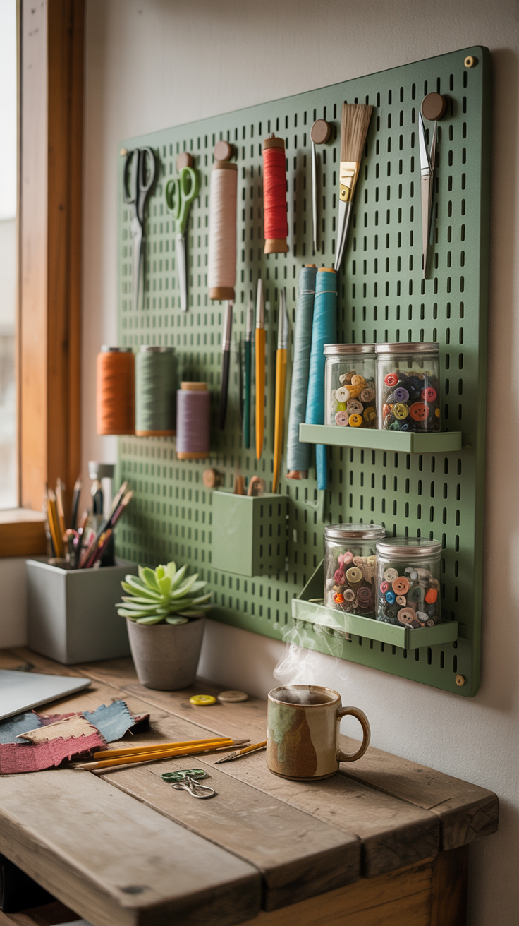 A warm craft room features a peg board with tools and supplies above a tidy desk with fabrics, pencils, greenery, and a hot drink.