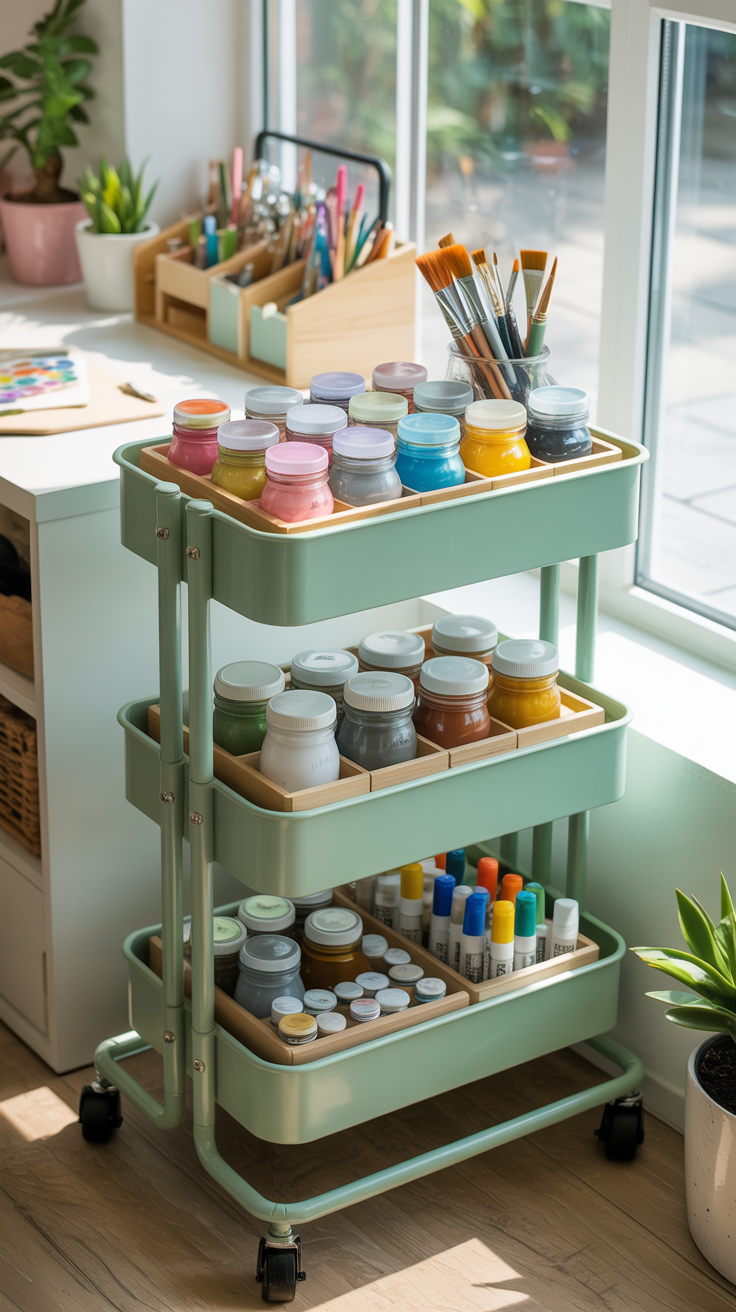 No craft room is complete without a trusty rolling cart. It’s perfect for holding paints, brushes, glue sticks, or anything you need to move around mid-project. Choose one in a fun color—mint, blush, or mustard—to double as décor. Use jars and dividers inside each tier to keep everything sorted by type. The best part? You can wheel it out of the way when you’re done and reclaim your workspace instantly.