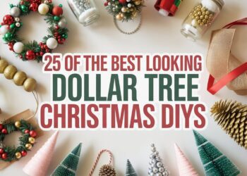 Colorful Christmas crafts arranged in a cheerful flat lay frame the headline, “25 of the Best Looking Dollar Tree Christmas DIYs.”.