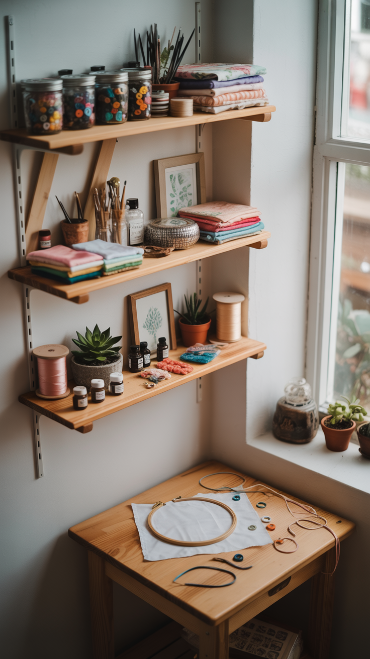 This idea turns your supplies into part of your décor. Floating shelves are the easiest way to make your craft room look polished and practical at the same time. Instead of hiding everything in drawers, let your materials become visual inspiration. Stack rolls of ribbon in color order, line up mason jars filled with buttons or beads, and fold fabric squares into neat piles that add texture to the wall.