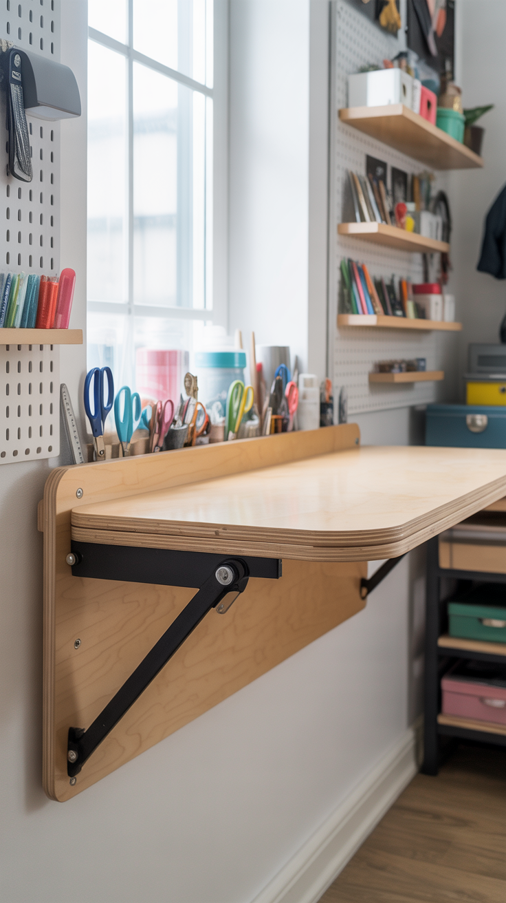 A wall-mounted foldable table with a pegboard for tools creates a bright, organized DIY area featuring shelves and sunlit storage.