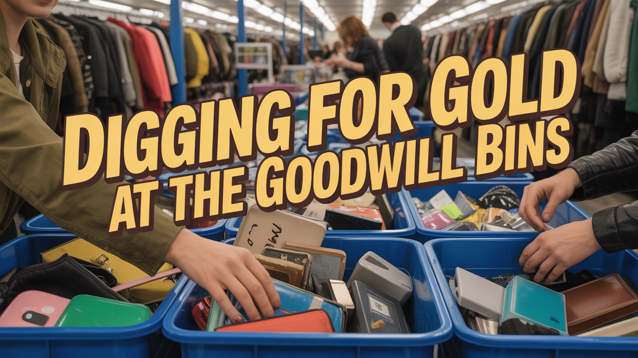 Two shoppers sift through blue bins of gadgets at a thrift store, yellow headline: Unearth treasures at the Goodwill Bin Blog.