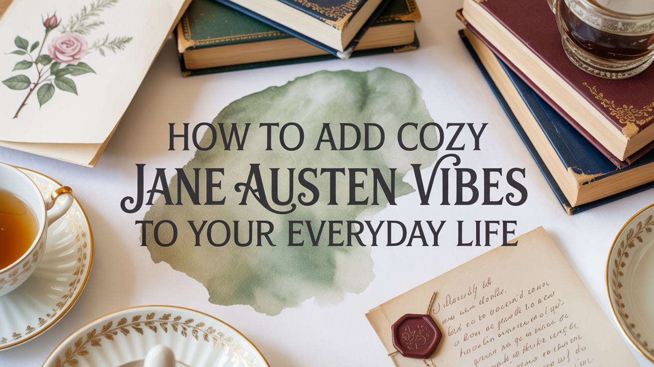 Teacups, vintage books, a handwritten note and rose art create a cozy Jane Austen mood amid dreamy watercolor for your daily life.
