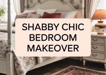 Inviting bedroom featuring floral linens, antique décor, and soft-hued curtains. Text reads: Shabby Chic Makeover.
