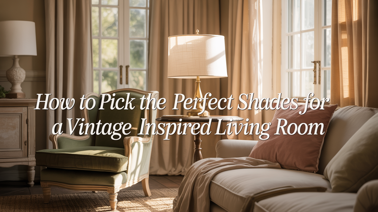 Bright vintage living room with green armchair, cream sofa, and sunlight filtering through shaded windows. Guide: Choosing shades for retro decor.