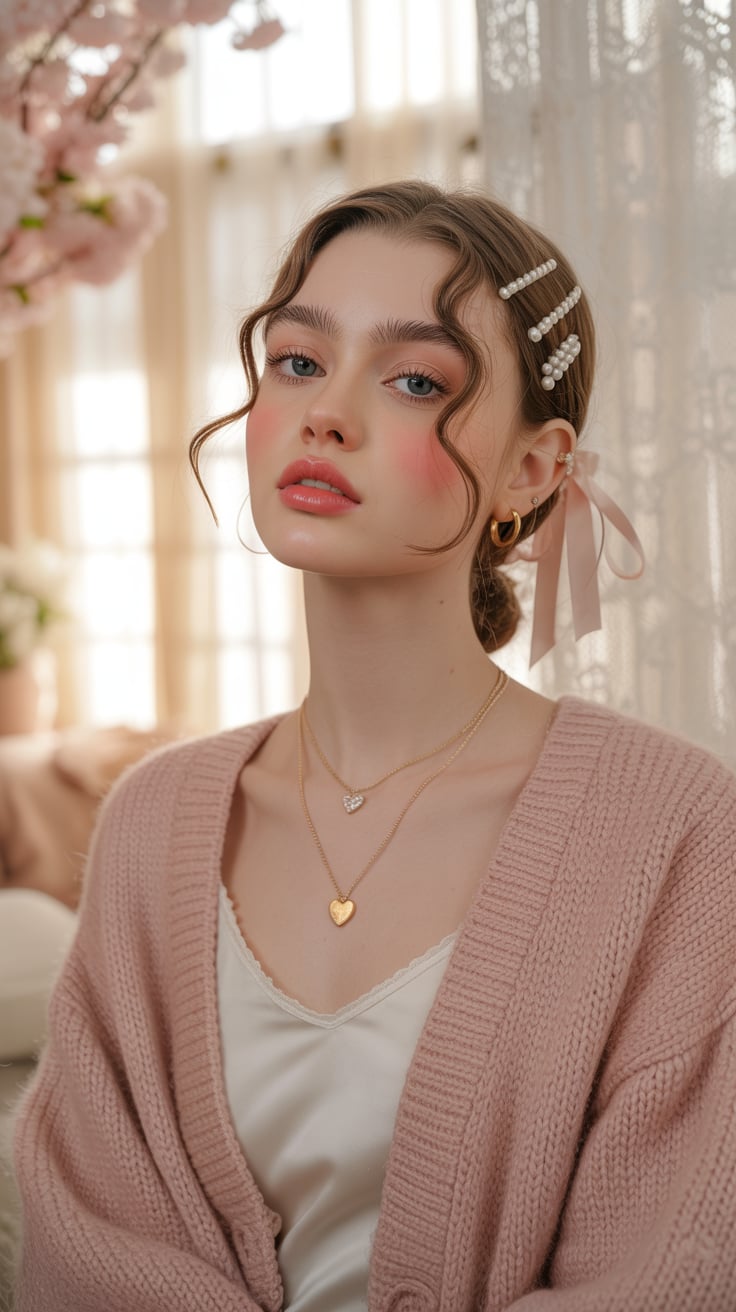 In a softly lit, floral-themed bedroom, a woman with styled brown hair and pearl accents showcases gold jewelry and pastel fashion.