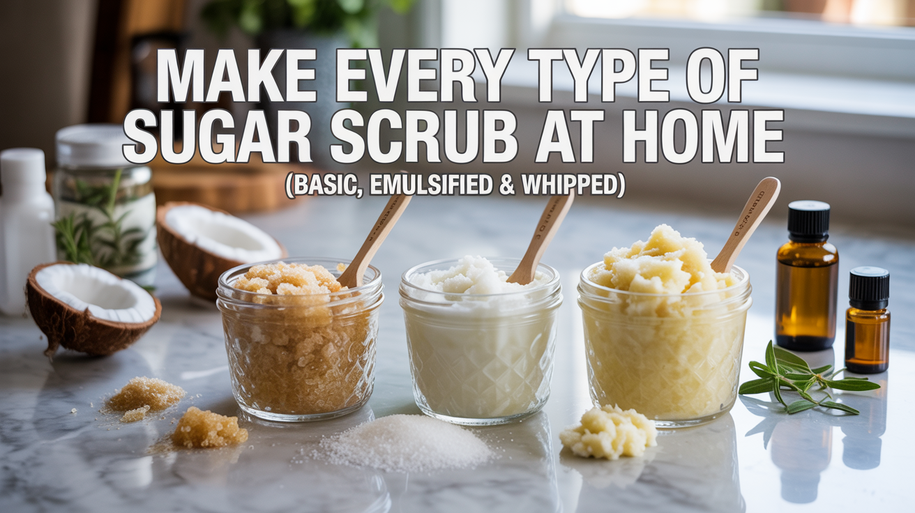 Assorted sugar scrubs—basic, emulsified, and whipped—are displayed on a counter with coconut, oils, and sugar. Text: “Make any type of sugar scrub at home (basic, emulsified & whipped) with ease.”.