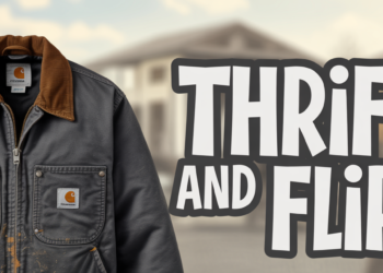 On the left, a classic Carhartt jacket with brown collar; right side reads "thrift and flip" over a blurred home outdoors backdrop.