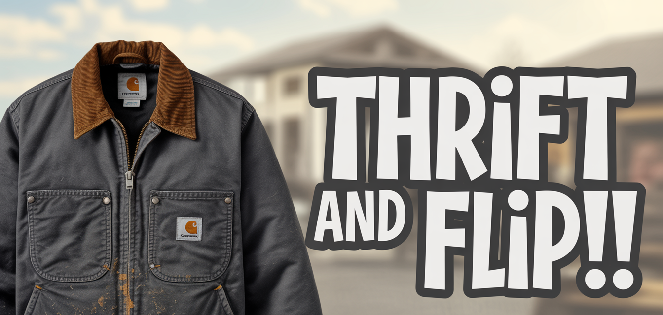 On the left, a classic Carhartt jacket with brown collar; right side reads "thrift and flip" over a blurred home outdoors backdrop.