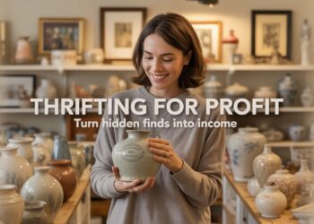 Smiling woman holds a ceramic vase in a pottery store. “Thrifting Profit Blog: Find resale gems.” Ceramics and photos line shelves.