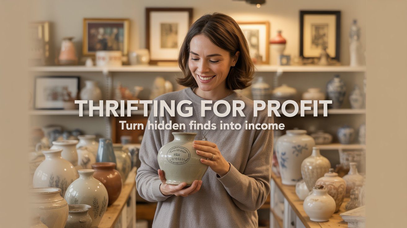 Smiling woman holds a ceramic vase in a pottery store. “Thrifting Profit Blog: Find resale gems.” Ceramics and photos line shelves.