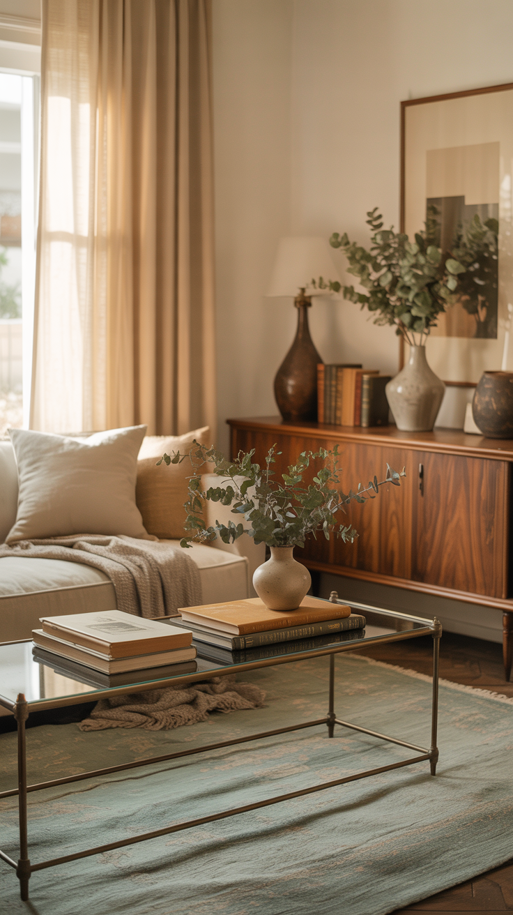 Sunlight pours through sheer curtains into a vintage living room featuring a white sofa, glass coffee table, and stylish decor.