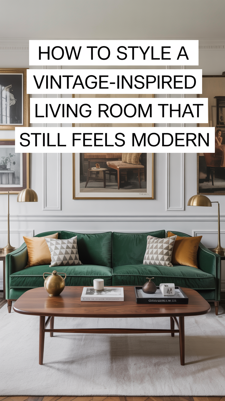 Chic living space with a retro green sofa, wood coffee table, gold lamps, plush pillows, and classic art blends old and new charm.