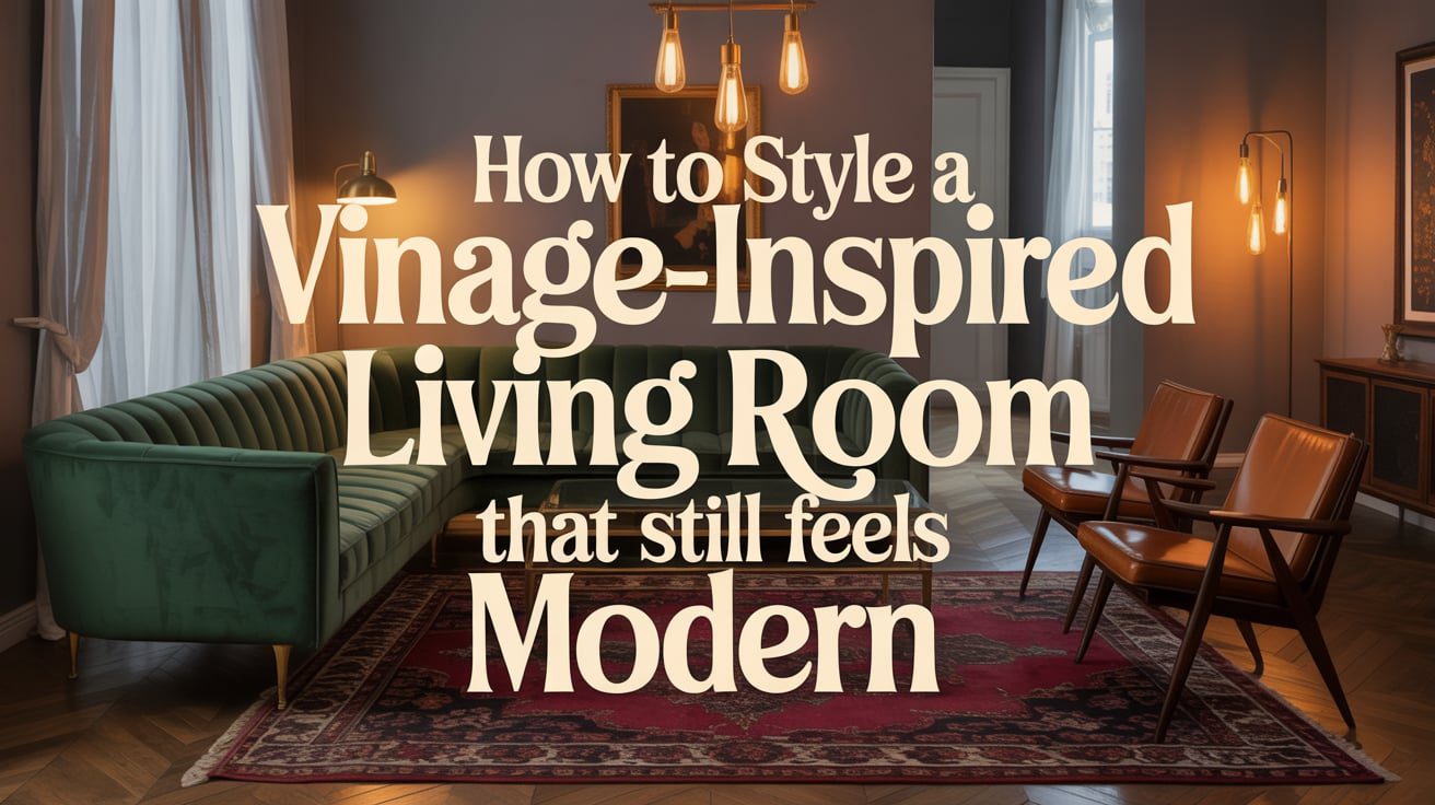 Chic vintage living room featuring a green velvet sofa, wooden chairs, modern pendant lights, and a bold patterned rug.