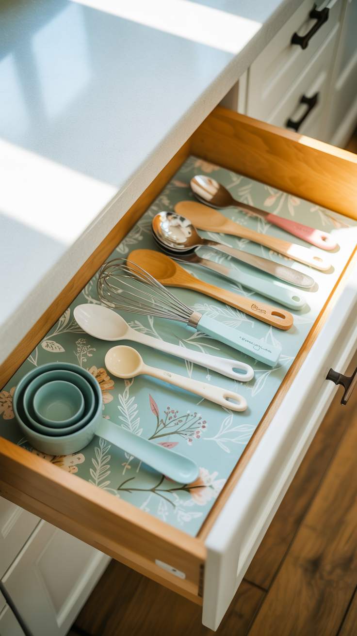 We’re giving boring drawers a full-on makeover with this one. Dollar Tree’s peel-and-stick wallpaper makes perfect custom drawer liners — and the best part is, they wipe clean and peel right off when you’re ready for a change. This works beautifully for kitchen drawers, vanity organizers, or even dresser drawers that need a fresh start.