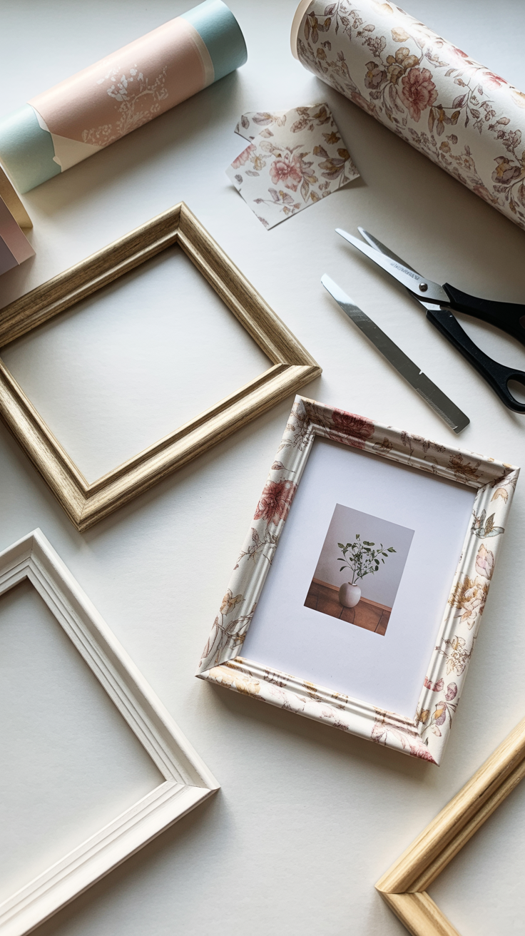 Let’s turn plain, old picture frames into something more chic with just a few sheets of peel-and-stick wallpaper. This DIY will give you custom frames that look like they cost way more than a Dollar Tree find. They’re perfect for displaying your favorite photos or even turning small art prints into statement pieces.