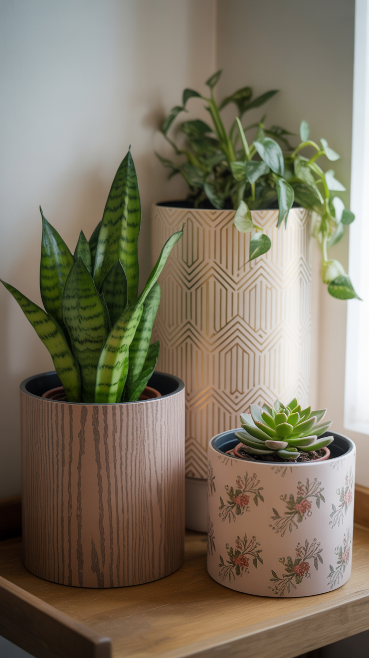 This one’s perfect if you want that “designer plant shelf” look without spending $30 on ceramic planters. We’re taking basic plastic or terracotta pots and giving them a high-end finish using wallpaper scraps — wood grain for farmhouse, gold geometric for modern, or floral for a soft cottage feel.