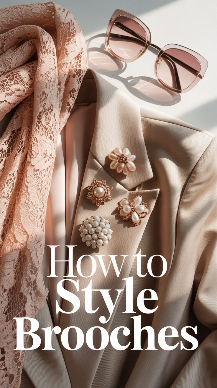 A chic beige blazer featuring three brooches, paired with a lace scarf and sunglasses, is neatly displayed. “How to Style Brooches.”.