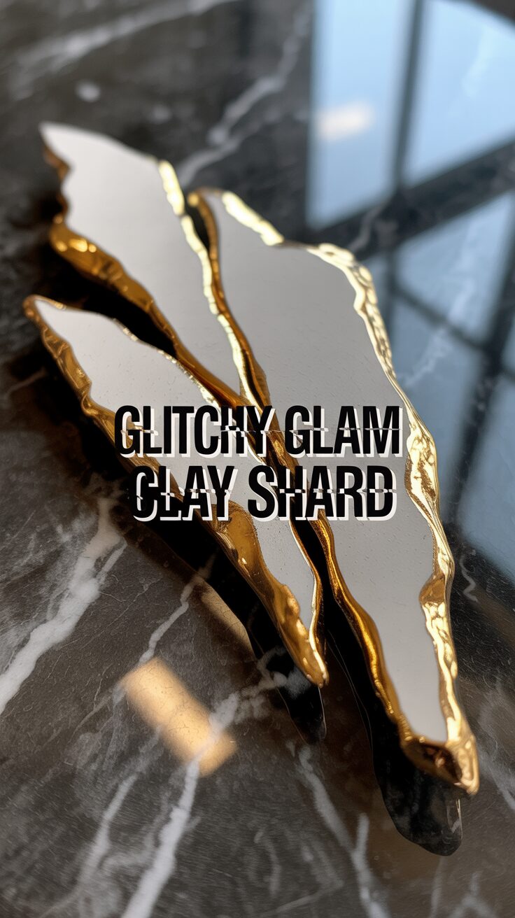 Sleek white shards edged in gold rest on black marble, paired with bold overlay text. Ideal for chic or vintage brooch designs.