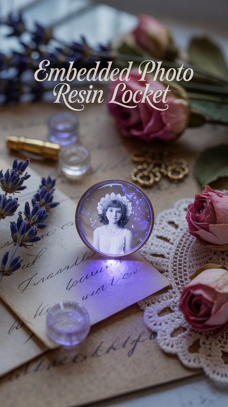 A vintage-inspired resin locket with an old photo sits on handwritten notes, surrounded by florals, lace, and pen—timeless DIY charm.