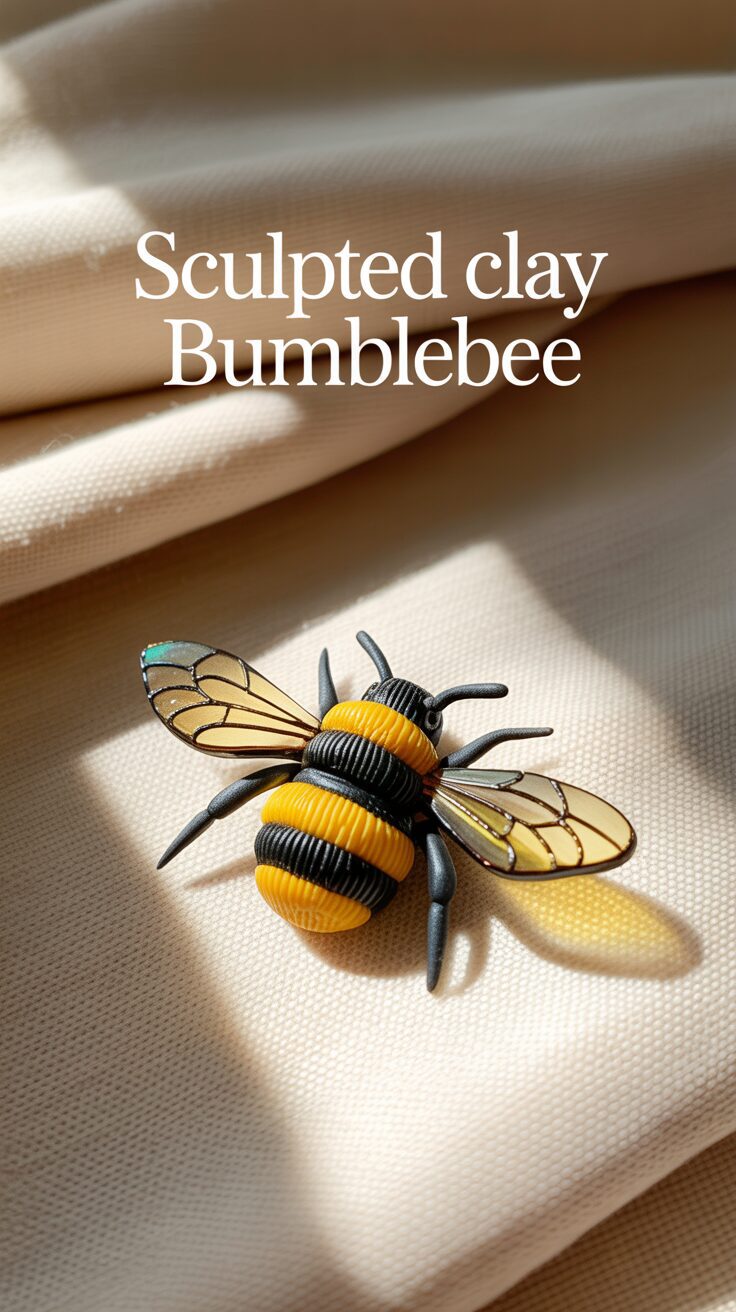 A detailed clay bumblebee with vivid yellow and black bands sits on soft cream fabric, highlighted by sunlight like a whimsical brooch.